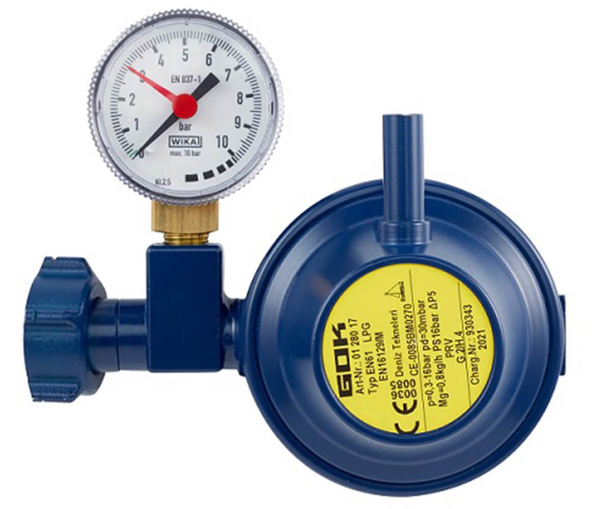 Aygaz Tekne Regülatörü - 90 Derece Dik Çıkışlı, Manometreli