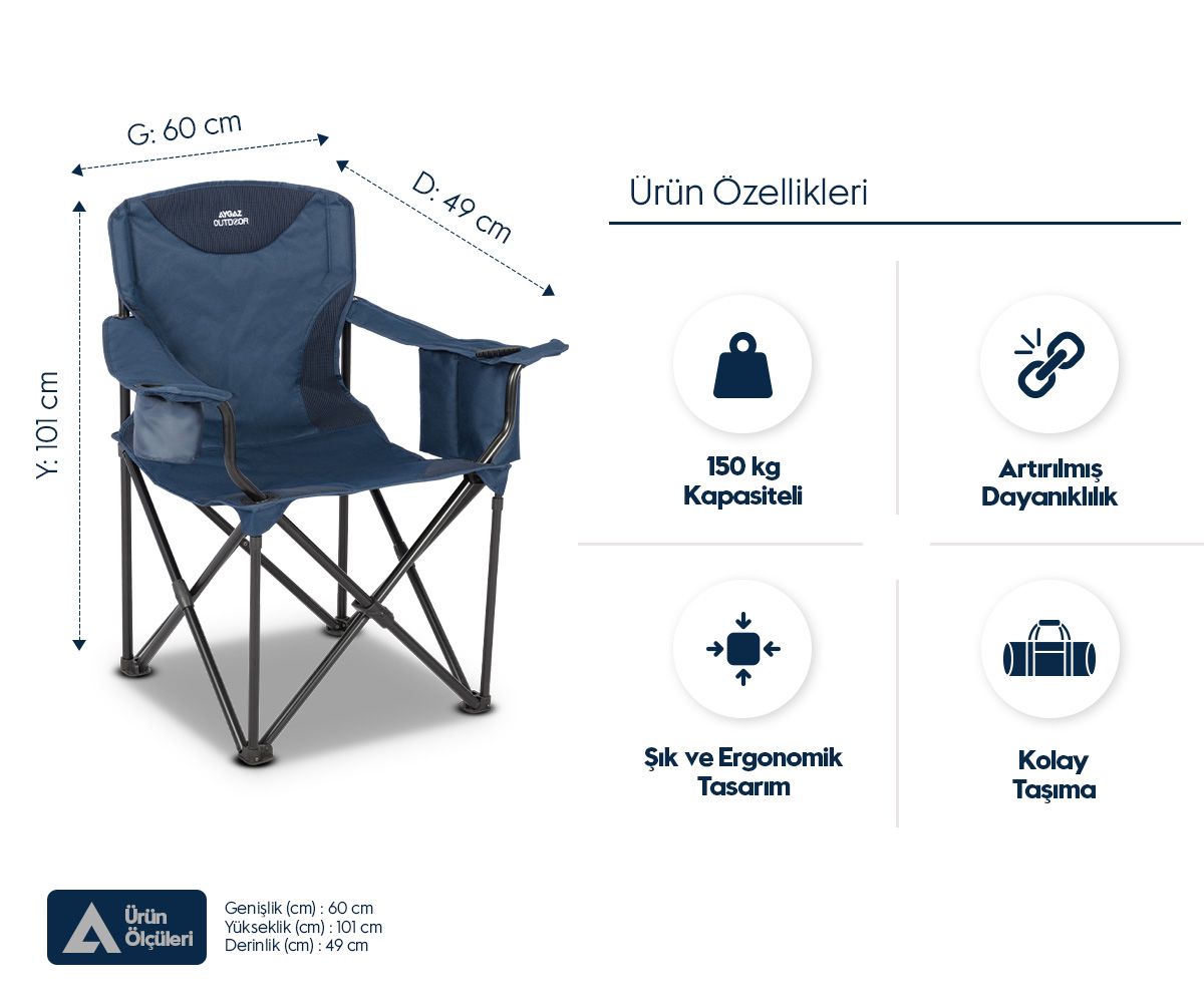 Çelik Katlanır Kamp Sandalyesi - XXL- 150 kg Kapasiteli, Bardaklıklı - Lacivert