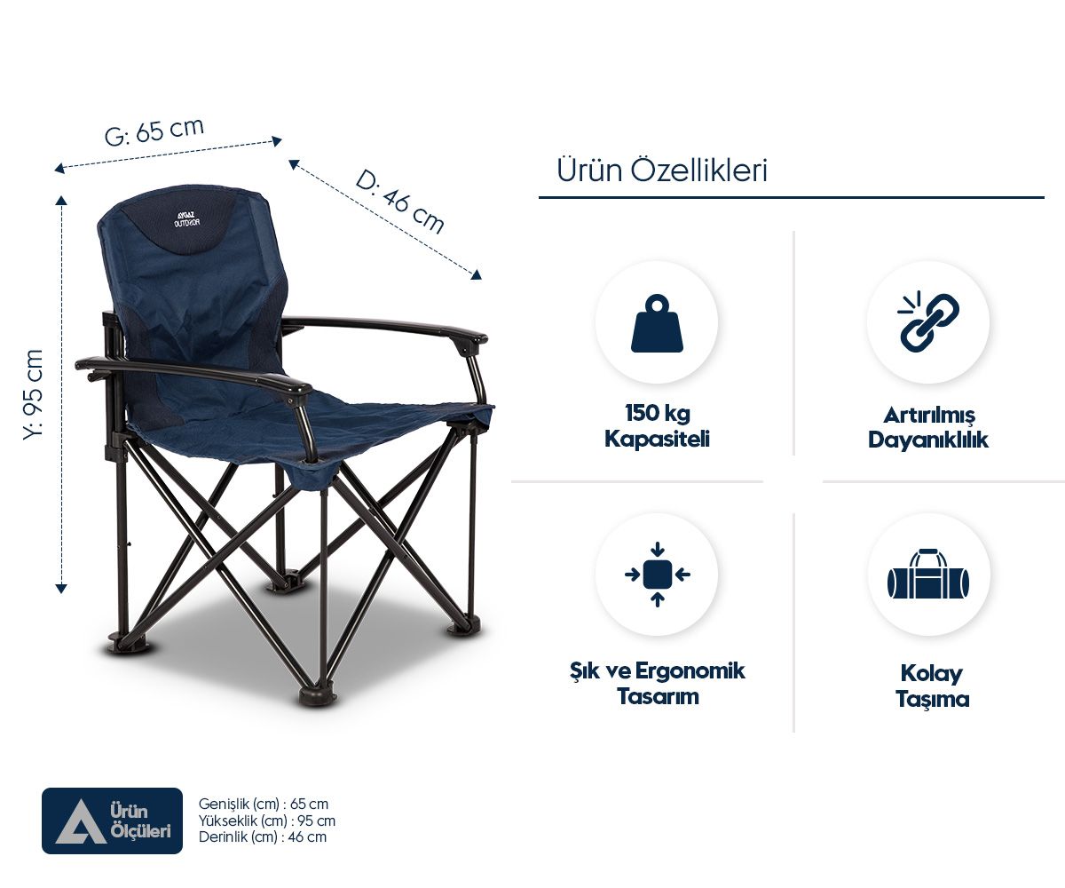 ÇELİK KATLANIR KAMP SANDALYESİ XXL KING SIZE – Lacivert, 150 kg Kapasiteli, Güçlü ve Rahat – Elyaf Dolgulu Sırt Desteği, Sert Plastik Kolçaklar, Taşıma Çantası