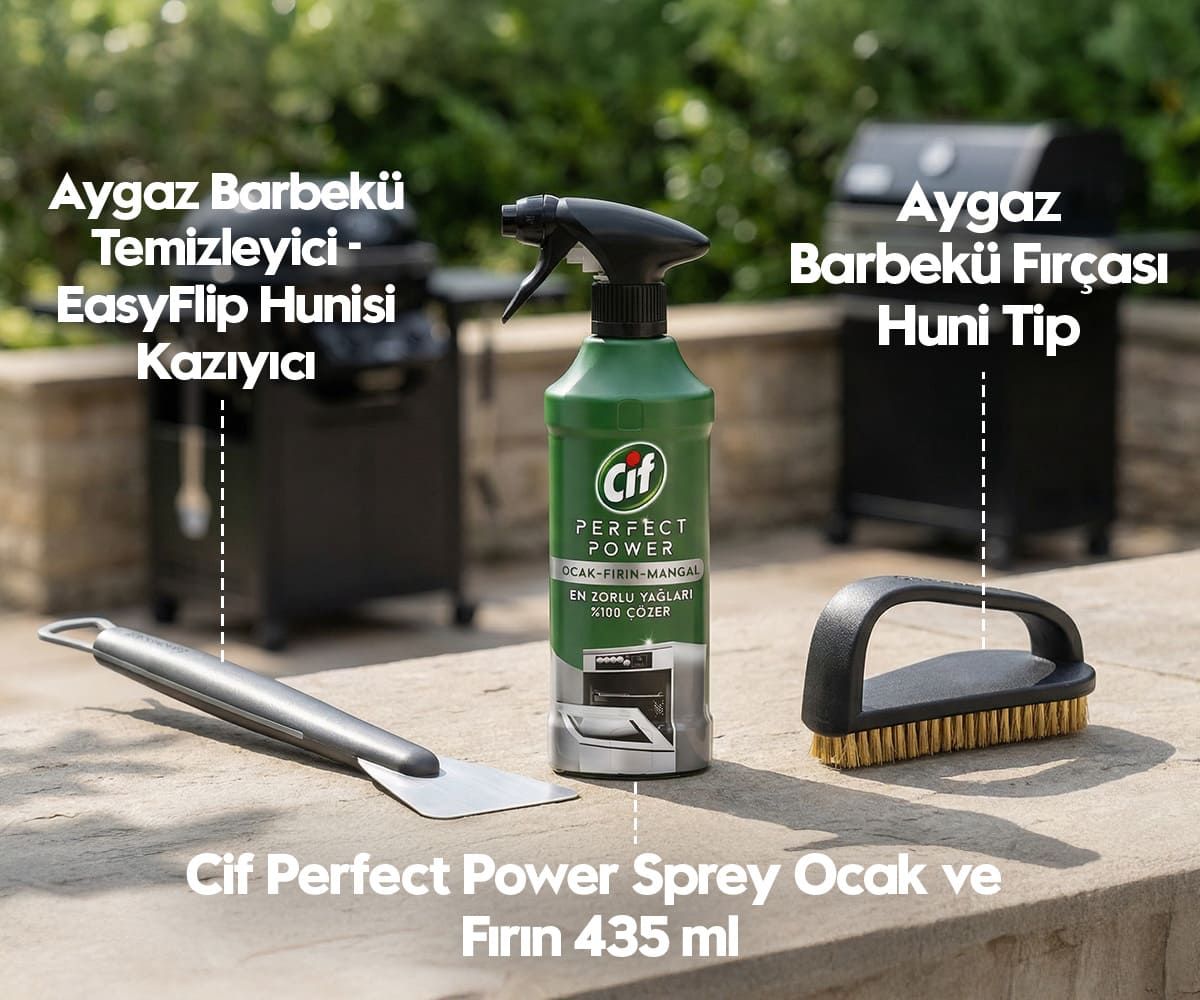 Aygaz Barbekü Temizlik Seti – Huni Tip Fırça + Kazıyıcı + Cif Temizleyici